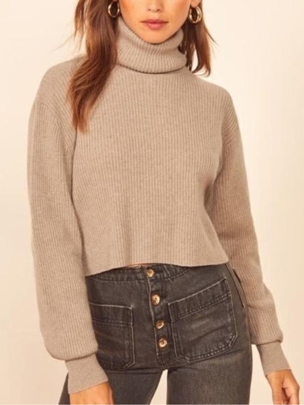 Reformation Luisa Cropped Ribbed Cashmere Turtleneck CREAM Sweater Sz XS